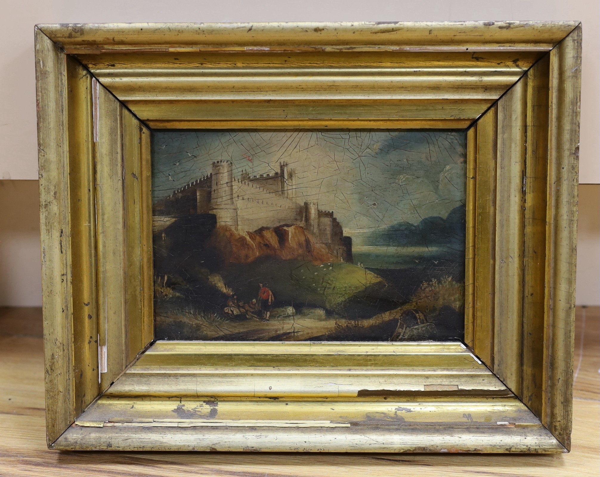 Continental School, 19th century, oil on board, Study of a castle, 14 x 20cm